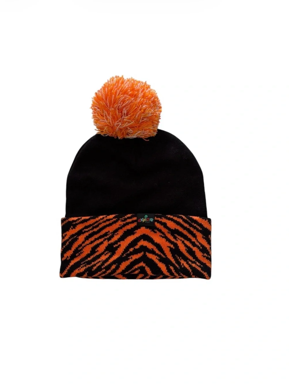 Explore Youth Tiger Cuffed Knit Hat with Pom - Black Sports Hat